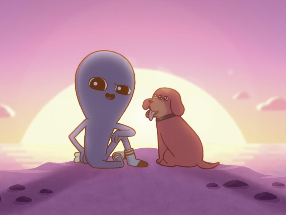 a being in strange planet and a dog sit on a beach, watching the purple and orange hued sunset