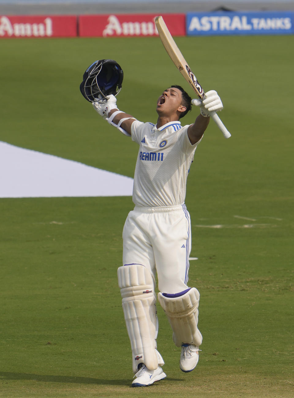 India's Yashasvi Jaiswal celebrates double century on the second day of the second test match between India and England, in Visakhapatnam, India, Saturday, Feb. 3, 2024. (AP Photo/Manish Swarup)