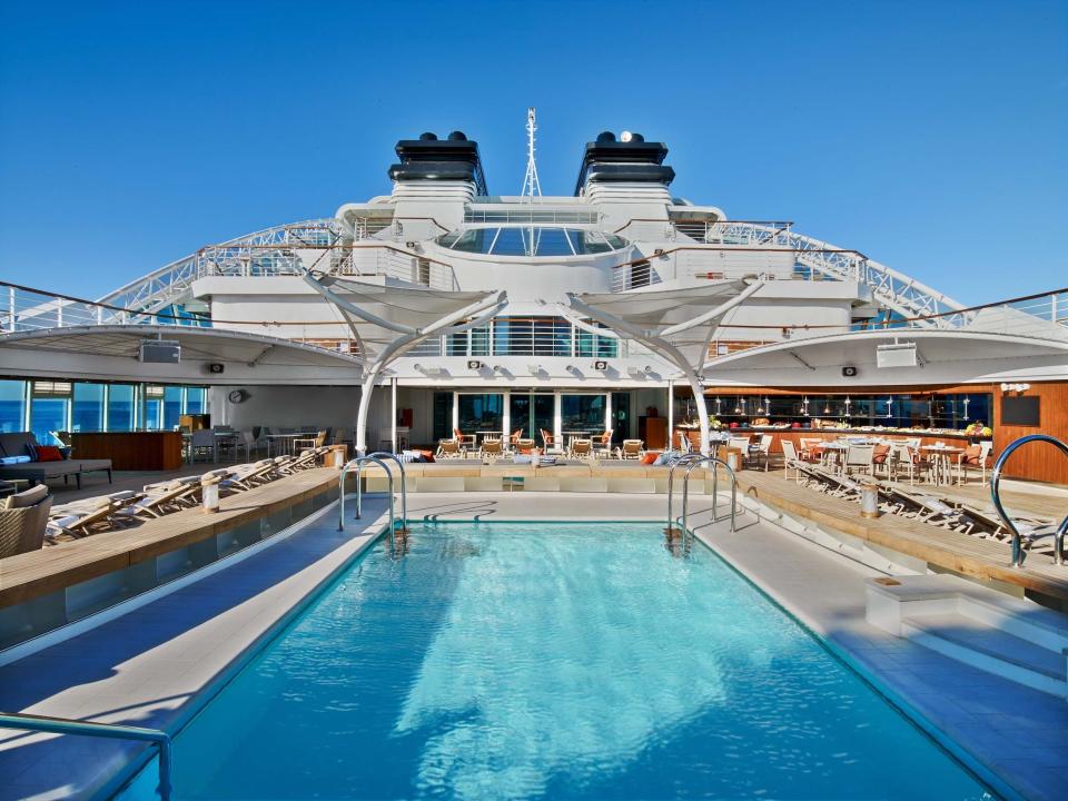 an empty pool on the pool deck