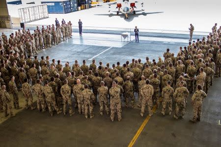 German Defence Minister Ursula von der Leyen addresses the Counter DAESH contingent at Incirlik airbase in the southern city of Adana, Turkey, July 1, 2016. Bundeswehr/PAO DEU EinsKtgt Counter DAESH, Jirka Ohk/Handout via REUTERS