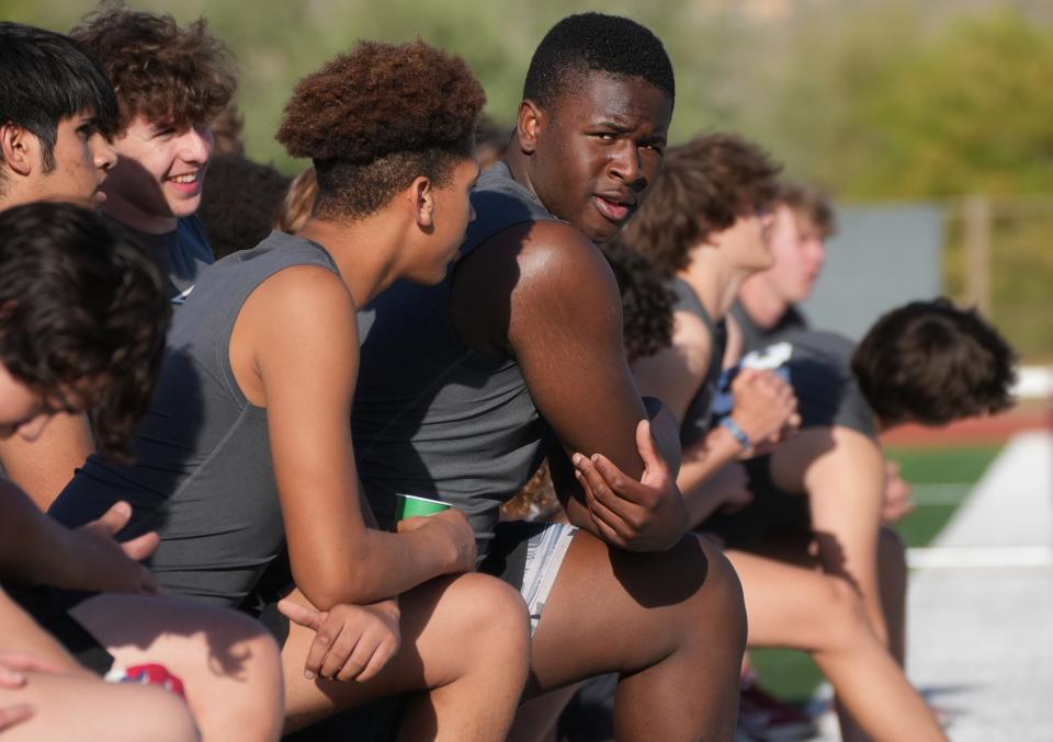 Tony Cumberland practices with his teammates at the Desert Mountain High football field in Scottsdale on May 3, 2023.