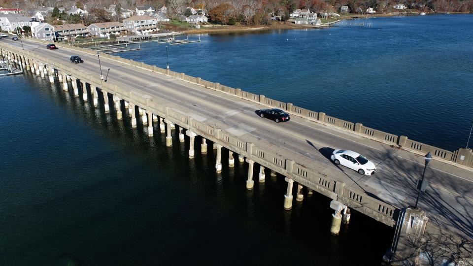 An aerial view of Bass River Bridge, a much-used structrure that spans Bass River on Route 28 and connects West Dennis and South Yarmouth.