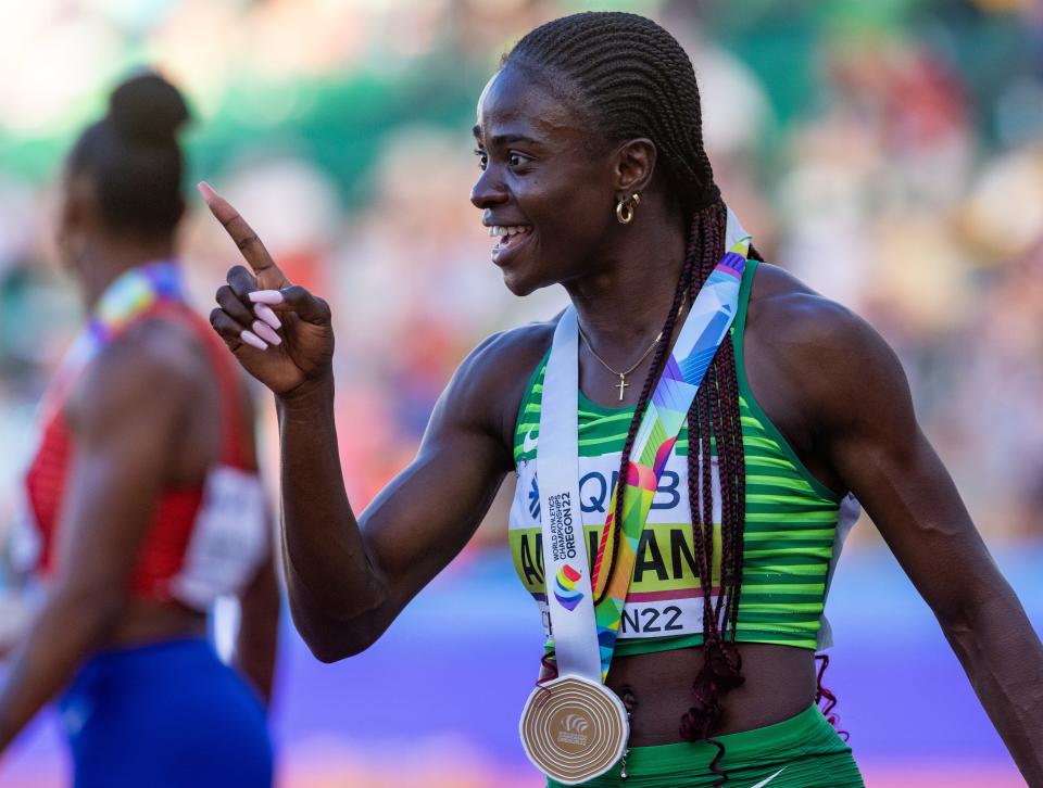 Nigeria's Tobi Amusan, won the gold medal in the women's 100 meters hurdles final during day 10 of the World Athletics Championships at Hayward Field in Eugene, Ore., on Sunday, July 24, 2022.