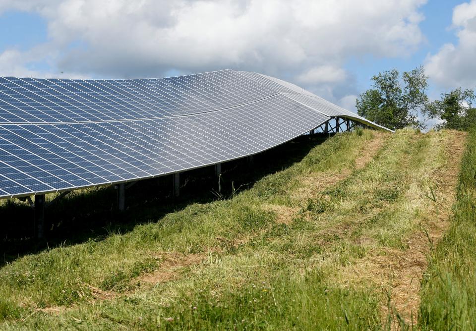 This June 15, 2021 photo shows a view of the Sugar Hill Solar Site in Clifton Park, N.Y.  The site is owned by Standard Solar Inc., and Developed by US Light Energy of Latham, N.Y.