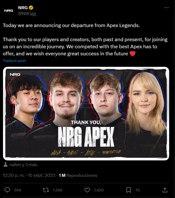 La despedida de NRG de Apex Legends