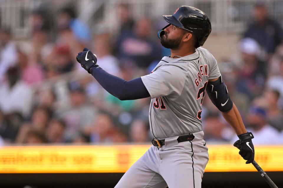 Detroit Tigers outfielder Riley Greene (31) hits a triple against the Minnesota Twins during the first inning at Target Field in Minneapolis on Wednesday, July 3, 2024.