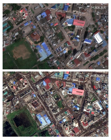 A combination photo of satellite images shows Beira city before the cyclone (top) and after the devastation, Mozambique March 22, 2019 in this still image obtained by Reuters on March 23, 2019. Satellite image ©2019 DigitalGlobe, a Maxar company/via REUTERS