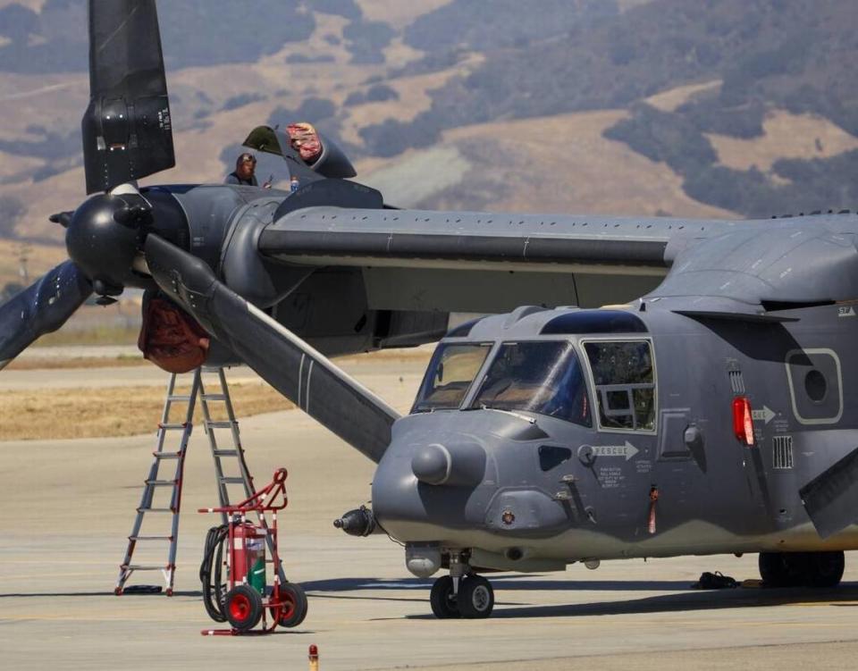 A pair of Air Force V-22 Osprey aircraft, a military tiltrotor aircraft, are at the San Luis Obispo County Regional Airport in 2017 for training.