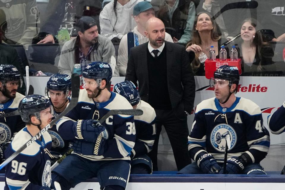 Feb 29, 2024; Columbus, Ohio, USA; Columbus Blue Jackets head coach Pascal Vincent watches during the second period of the NHL hockey game against the Carolina Hurricanes at Nationwide Arena.