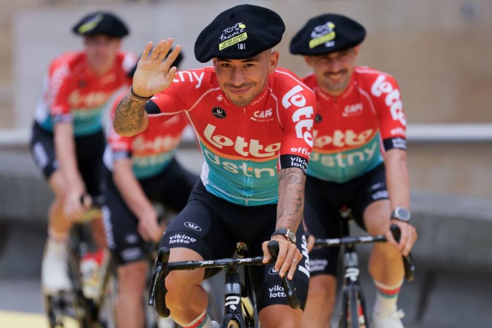 Lotto Dstnys Australian rider Caleb Ewan cycles to the stage during the official teams presentation near the Guggenheim Museum Bilbao in Bilbao northern Spain on June 29 2023 two days prior to the start of the 110th edition of the Tour de France cycling race Photo by Thomas SAMSON  AFP Photo by THOMAS SAMSONAFP via Getty Images