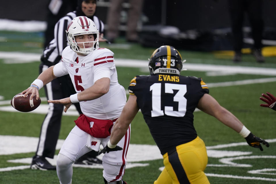 Wisconsin quarterback Graham Mertz (5) passes while getting pressured by Iowa defensive end Joe Evans (13) during the first half of an NCAA college football game, Saturday, Dec. 12, 2020, in Iowa City, Iowa. (AP Photo/Charlie Neibergall)