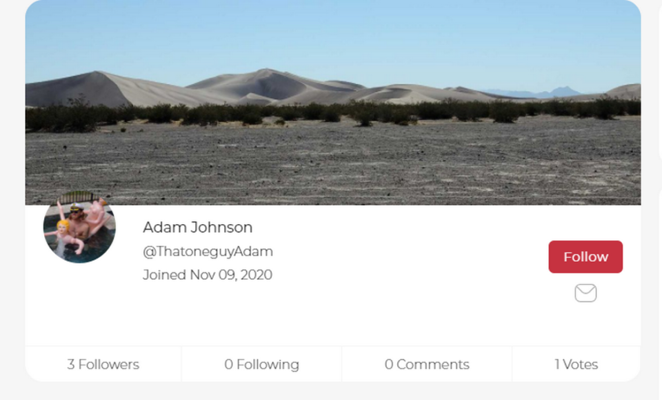 This screenshot shows the Parler account of Florida resident Adam Johnson, now under arrest and notorious for grinning in photos with the stolen lectern of House Speaker Nancy Pelosi, D-Calif. The account was created days after the election results became known. Parler was idled by big tech companies on Jan. 11, 2021, for allowing hate speech and conspiracies to proliferate.
