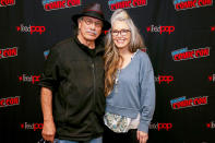 <p>Former costars Edward James Olmos and Mary McDonnell pose together at the <i>Battlestar Galactica </i>Retrospective on day one of New York Comic Con on Oct. 7. </p>