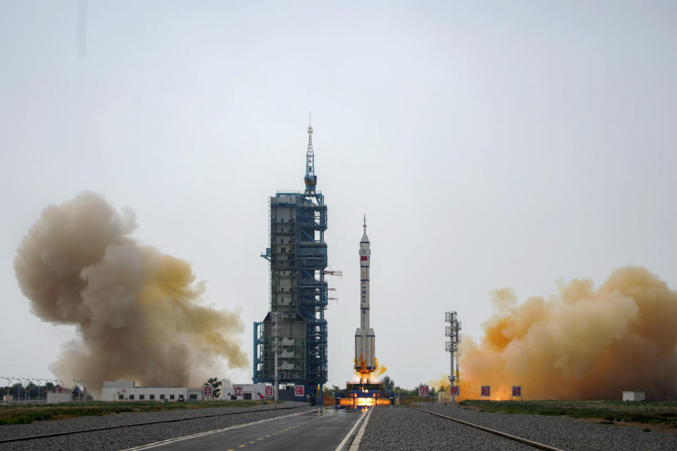 A Long March rocket carrying a crew of Chinese astronauts in a Shenzhou-16 spaceship lifts off at the Jiuquan Satellite Launch Center in northwestern China, Tuesday, May 30, 2023. (AP Photo/Mark Schiefelbein)