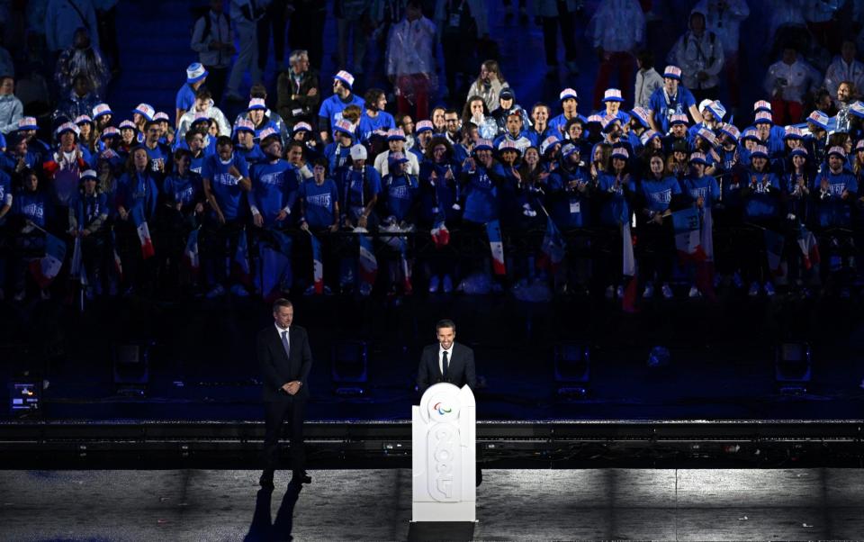 Tony Estanguet, President of Paris 2024 addresses the ceremony during the closing ceremony