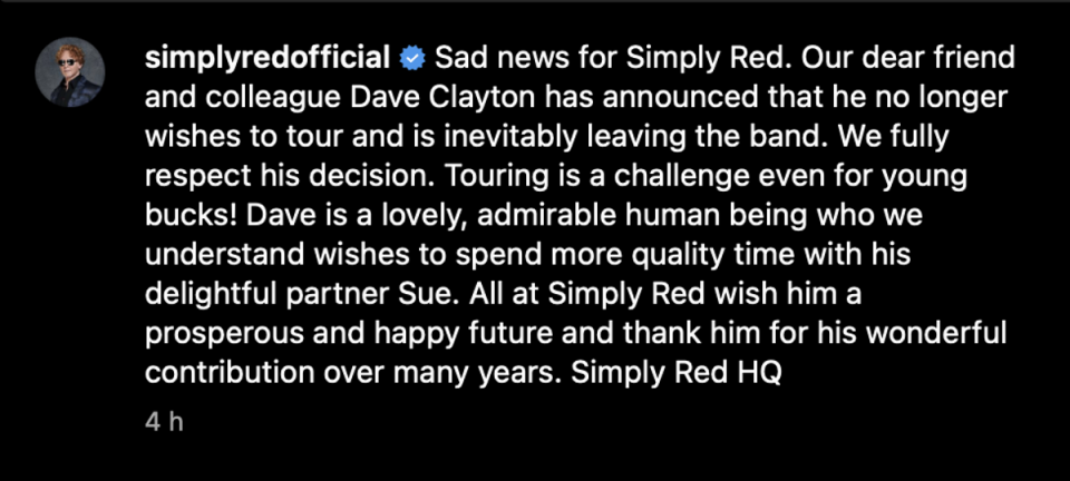 Simply Red announces keyboardist Dave Clayton’s departure (Instagram)