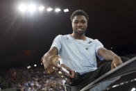 Noah Lyles from the USA poses with the Diamond League trophy at the award ceremony after winning the men's 100m race, during the Weltklasse IAAF Diamond League international athletics meeting in the stadium Letzigrund in Zurich, Switzerland, Thursday, August 29, 2019. (Jean-Christophe Bott/Keystone via AP)