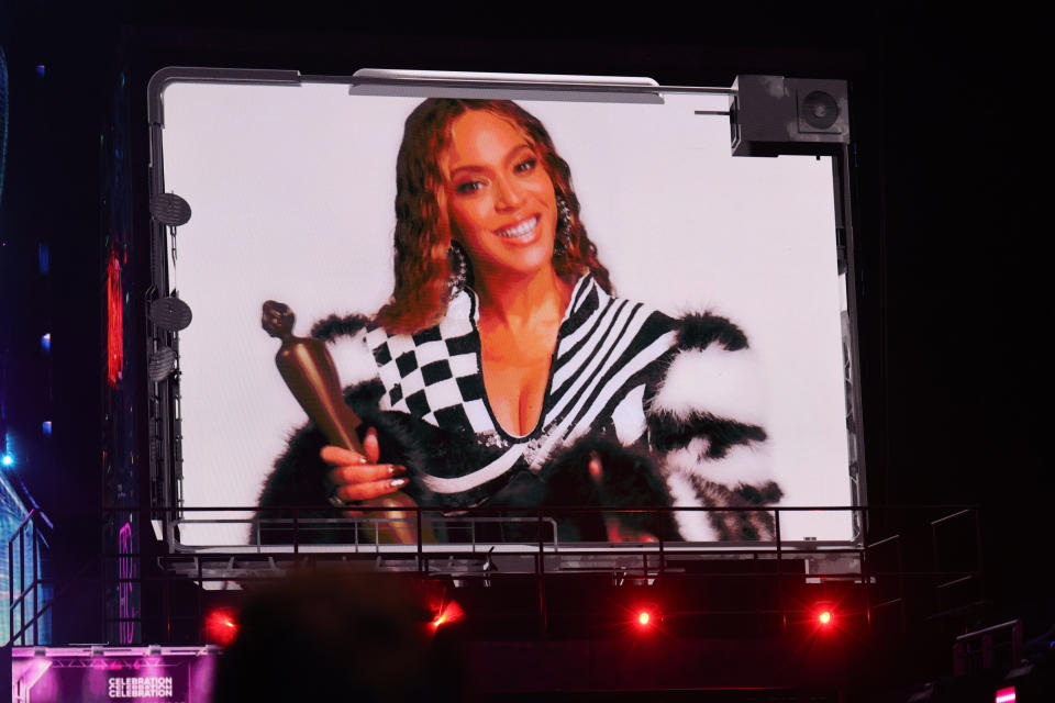 LONDON, ENGLAND - FEBRUARY 11: EDITORIAL USE ONLY Beyonce speaks on stage via video message as they receive the award for International Song of the Year during The BRIT Awards 2023 at The O2 Arena on February 11, 2023 in London, England. (Photo by JMEnternational/Getty Images)