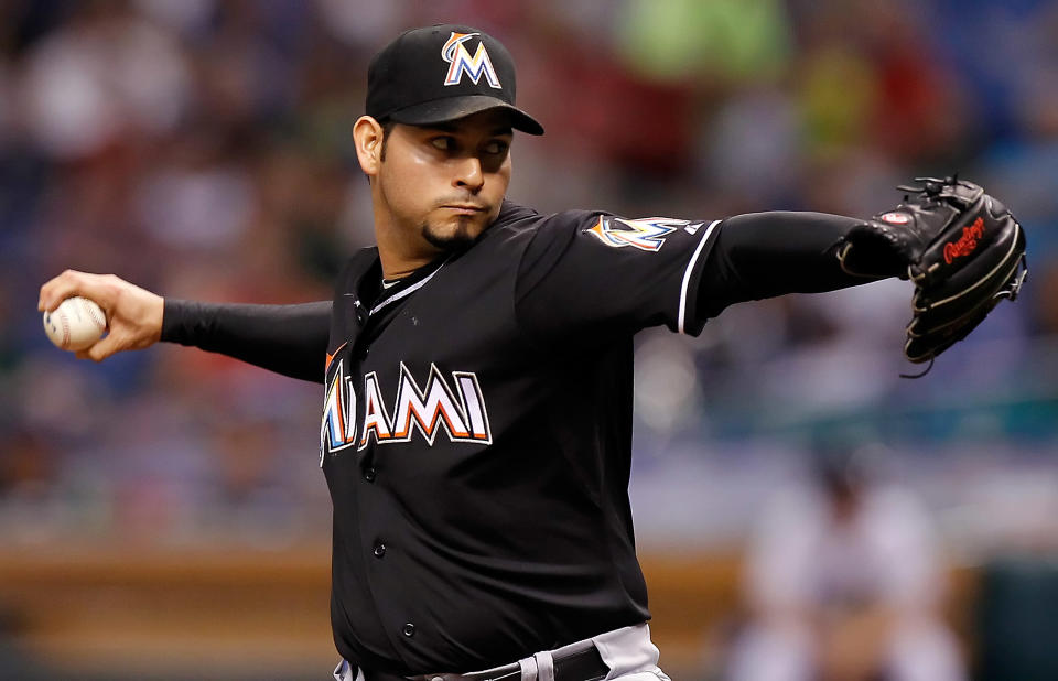 ST PETERSBURG, FL - JUNE 16: : Pitcher Anibal Sanchez #19 of the Miami Marlins pitches against the Tampa Bay Rays during the game at Tropicana Field on June 16, 2012 in St. Petersburg, Florida. (Photo by J. Meric/Getty Images)