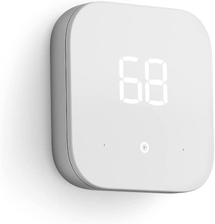 Square, white Amazon Smart Thermostat set to 68 degrees on a white background.