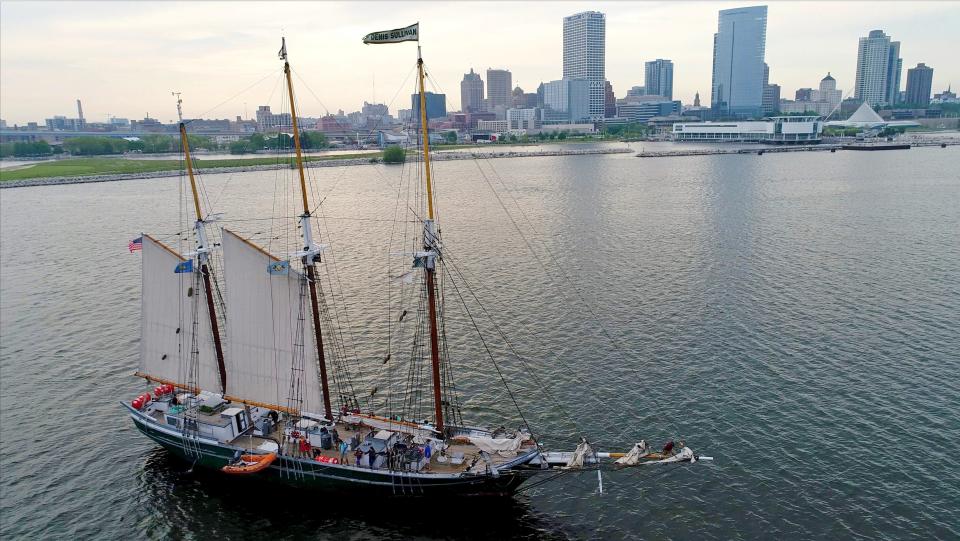 The Denis Sullivan sails on Lake Michigan east of Discovery World, where it docks in the summer.