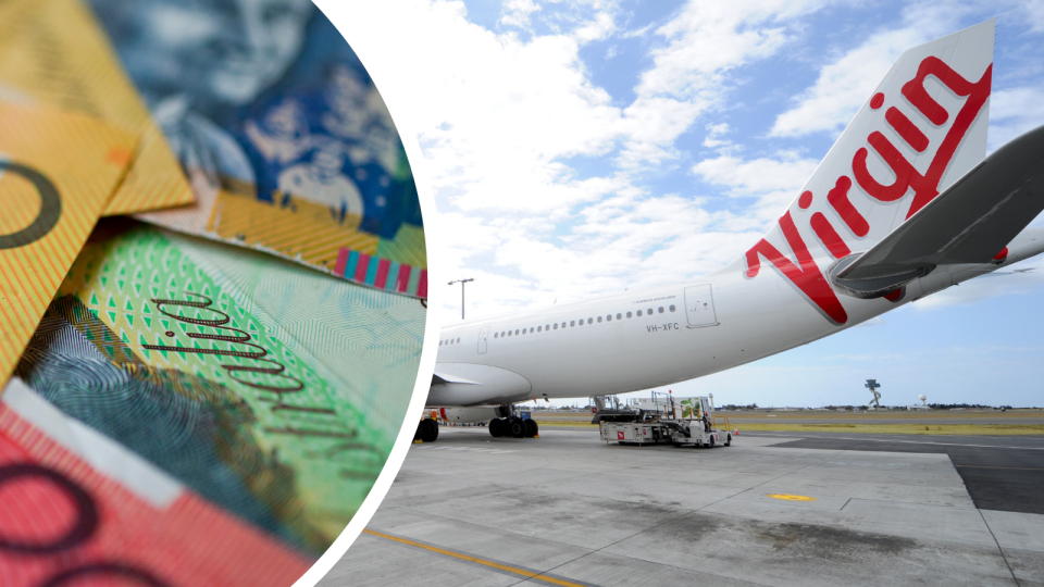 Pictured: Virgin Australia plane and Australian cash. Images: Getty