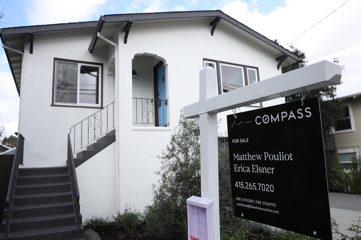 A sign is posted in front of a home for sale on February 05, 2024 in San Anselmo, California. (Credit: Justin Sullivan, Getty Images)