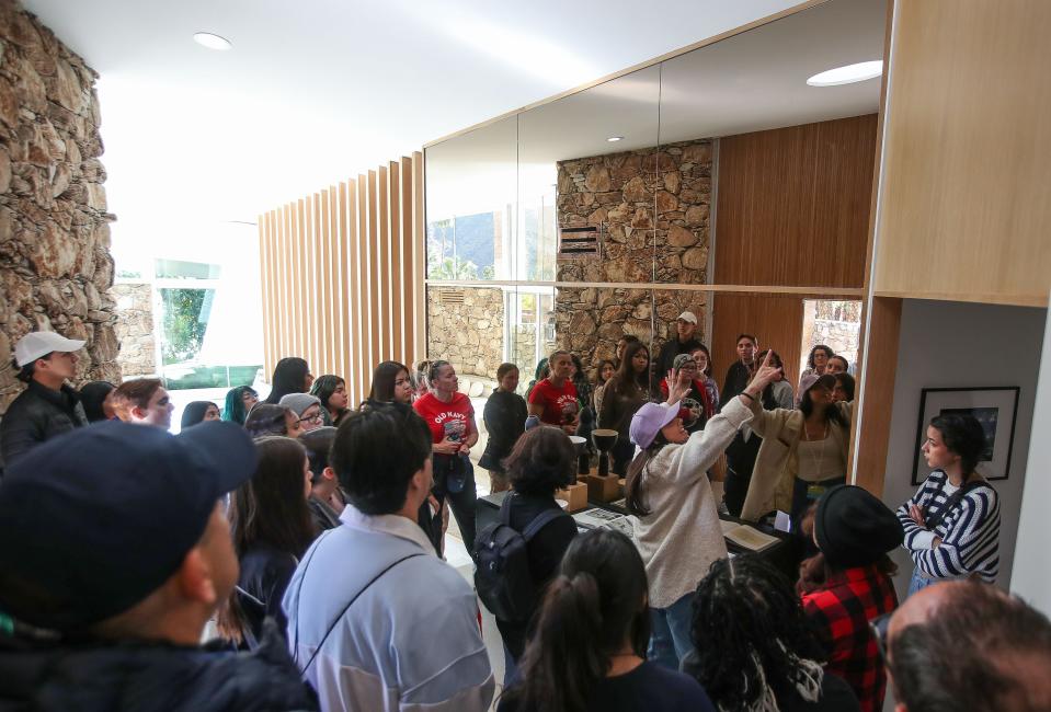 Students from Cathedral City and Palm Springs High Schools tour the House of Tomorrow during Modernism Week in Palm Springs, Calif., Feb. 21, 2024.