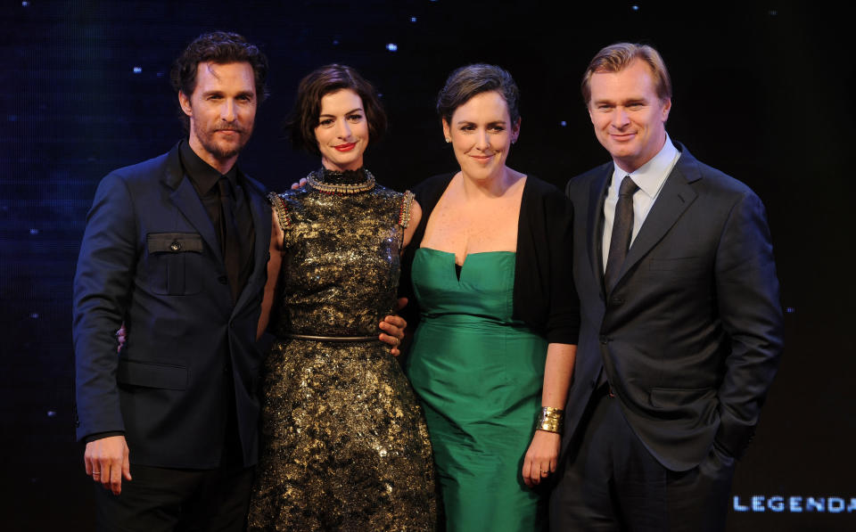 Matthew McConaughey, Anne Hathaway, producer Emma Thomas and director Christopher Nolan attend "Interstellar" premiere