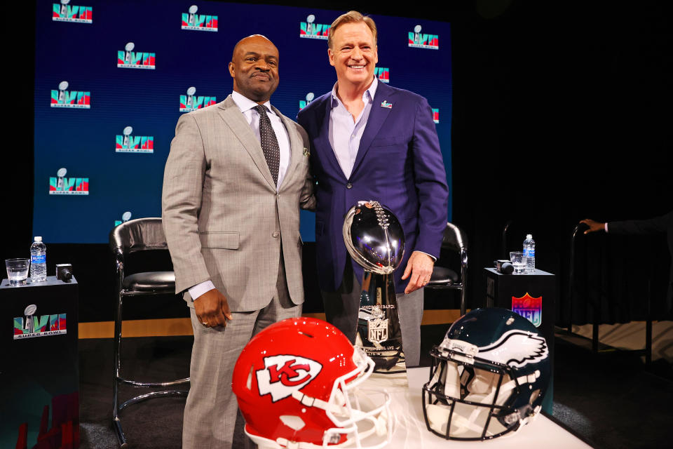 PHOENIX, ARIZONA - FEBRUARY 08: NFL Commissioner Roger Goodell poses with NFLPA Executive Director DeMaurice Smith after a press conference at Phoenix Convention Center on February 08, 2023 in Phoenix, Arizona. (Photo by Peter Casey/Getty Images)