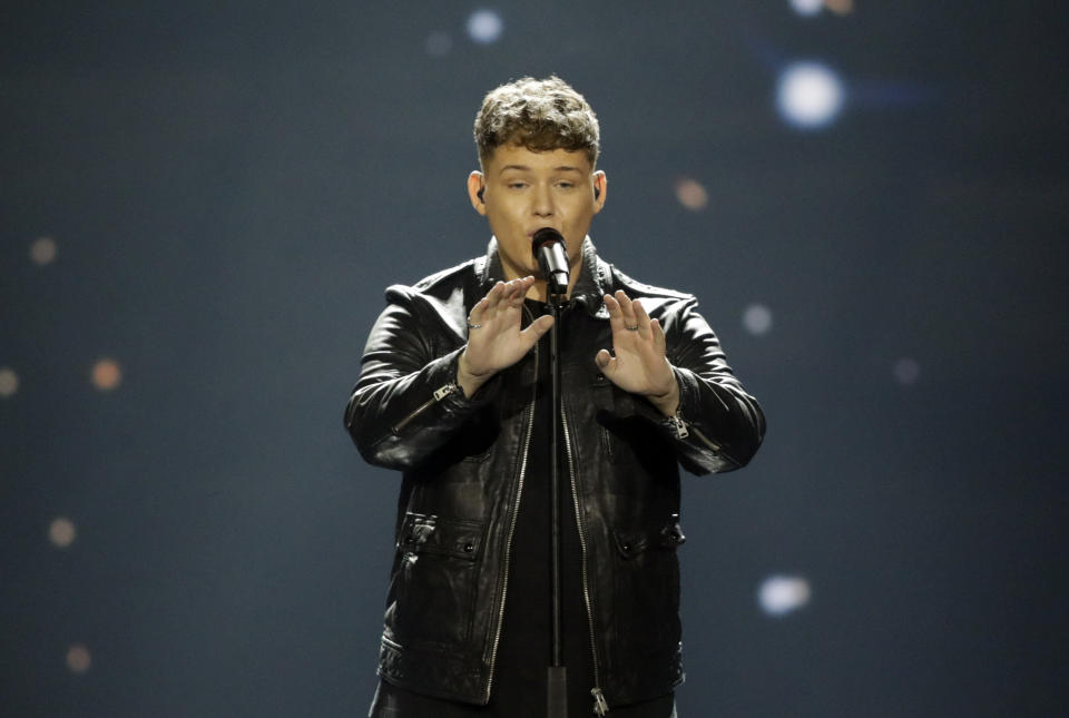 Michael Rice of Great Britain performs the song "Bigger Than Us" during the 2019 Eurovision Song Contest grand final rehearsal in Tel Aviv, Israel, Friday, May 17, 2019. (AP Photo/Sebastian Scheiner)