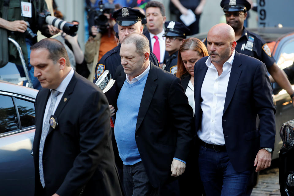 <p>Film producer Harvey Weinstein arrives at the 1st Precinct in Manhattan in New York, May 25, 2018. (Photo: Mike Segar/Reuters) </p>