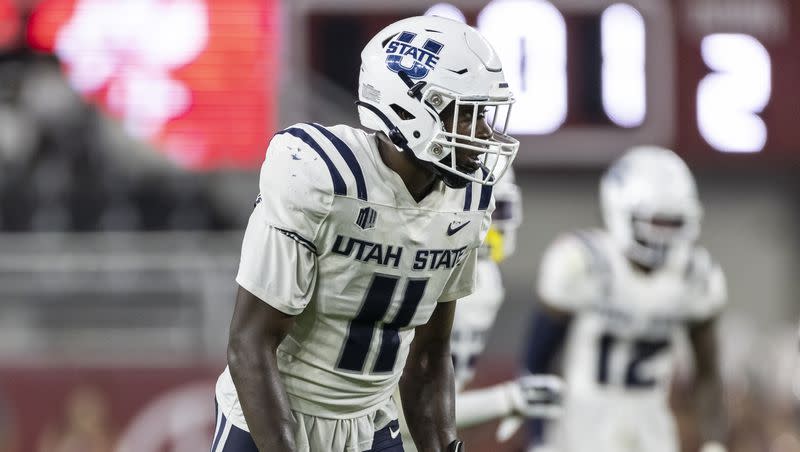 Utah State defensive lineman Byron Vaughns (11) during the first half of an NCAA college football game, Saturday, Sept. 3, 2022, in Tuscaloosa, Ala. 