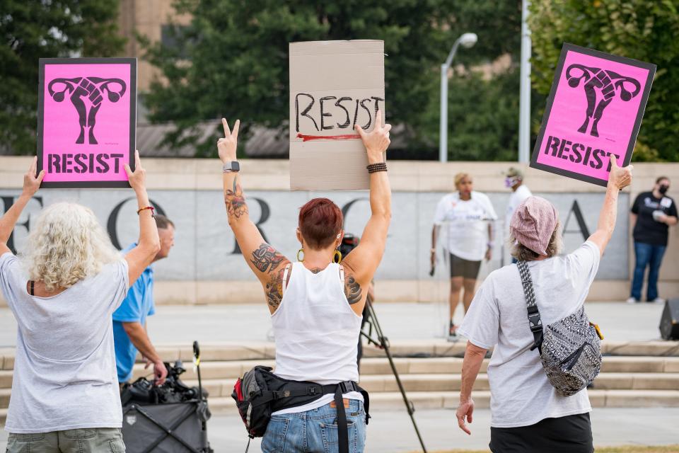 Demonstrators rally in support of women's reproductive rights at the Georgia Capitol on Oct. 2 in Atlanta.