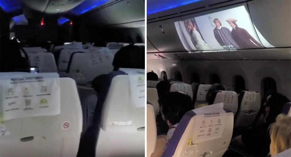 A projector plays the movie The Patriot on to the overhead lockers on a plane.