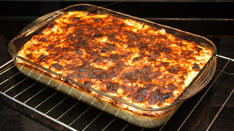 baked casserole in Pyrex dish