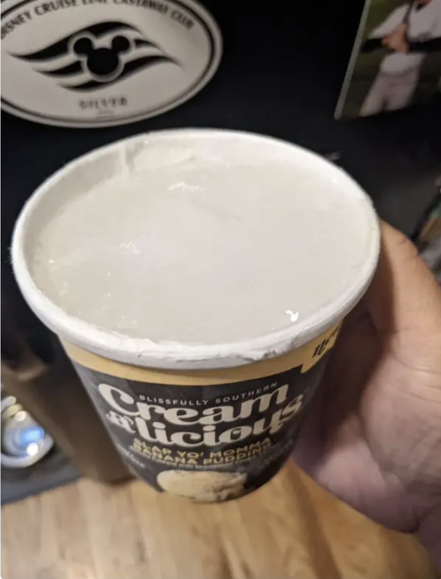 Frozen water in an ice cream jug