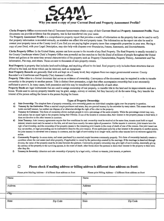 The fraudulent letter appears to be official, but has no connection with the county assessor, according to Davidson County Assessor of Property Vivian Wilhoite