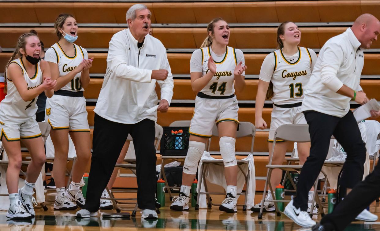 Blackhawk players and coaches celebrate as they score against North Catholic as the second quarter ends in their game Saturday at Blackhawk High School. [Lucy Schaly/For BCT]