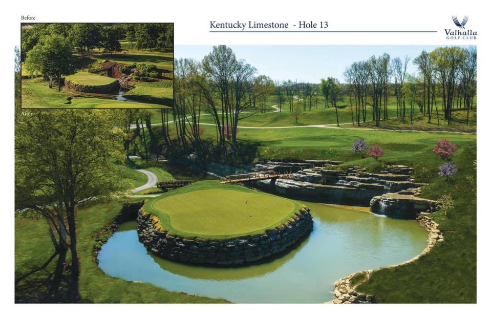 A before-and-after image shows the changes made to the 13th hole at Valhalla Golf Club in Louisville, which will host the 2024 PGA Championship. This will be the fourth time that Valhalla hosts a PGA Championship.