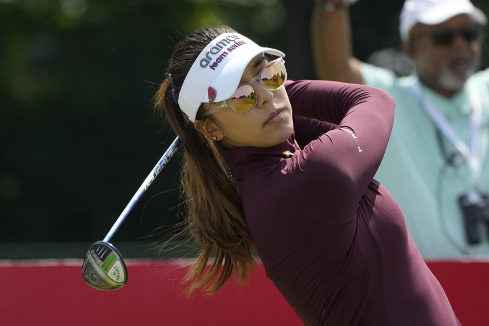 Alison Lee drives off the first tee during the third round of the Meijer LPGA Classic golf tournament at Blythefield Country Club, Saturday, June 17, 2023, in Belmont, Mich. (AP Photo/Carlos Osorio)