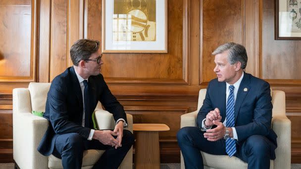 PHOTO: MI5 Director General Ken McCallum, left, and FBI Director Christopher Wray meet at MI5 headquarters, in central London, July 6, 2022. (Dominic Lipinski/AP)