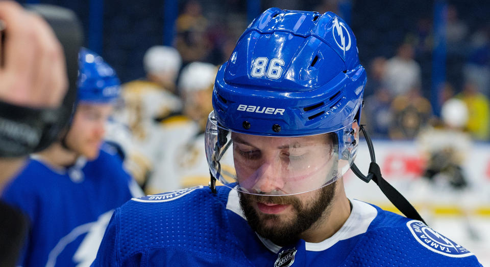 TAMPA, FL - DECEMBER 12: Nikita Kucherov #86 of the Tampa Bay Lightning gets ready for the game against the Boston Bruins at Amalie Arena on December 12, 2019 in Tampa, Florida. (Photo by Scott Audette/NHLI via Getty Images) 