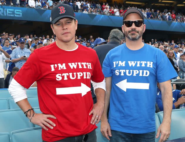 Matt Damon and Jimmy Kimmel attend Game 5 of the Boston Red Sox v. Los Angeles Dodgers World Series on Oct. 28, 2018, in Los Angeles, California. (Photo: Jerritt Clark via Getty Images)