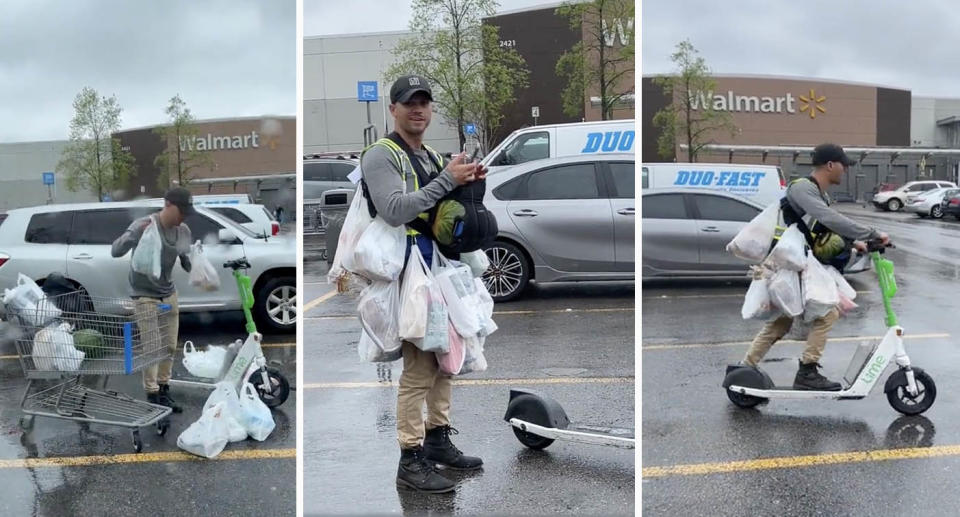 The man was filmed hooking his grocery bags onto a safety vest before putting a watermelon in a baby carrier and riding off on a scooter. Source: Twitter