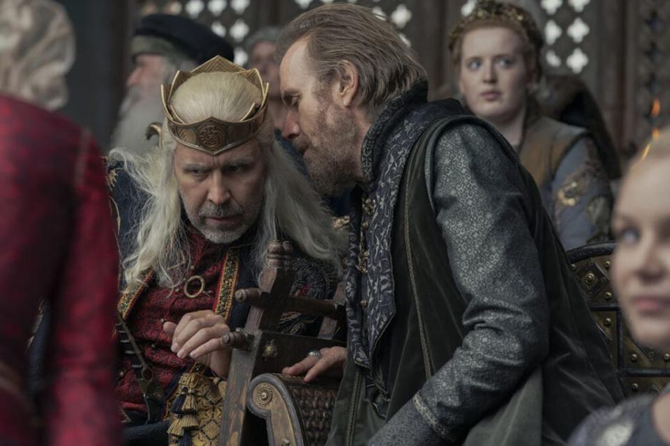 Paddy Considine as King Viserys and Rhys Ifans as Otto Hightower in "House of the Dragon" Episode 1 (HBO)
