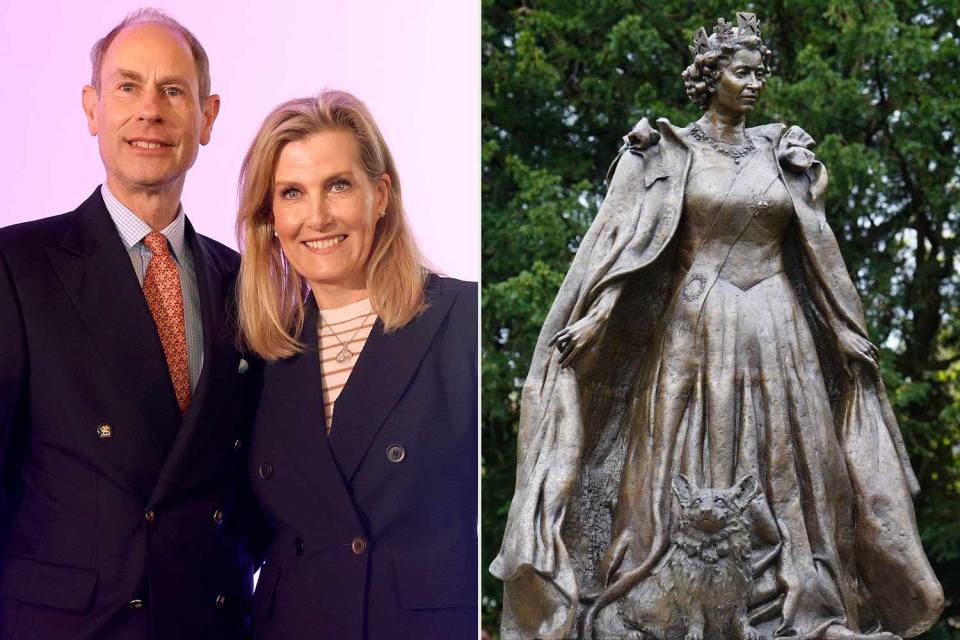 <p>Chris Jackson/Getty; Mike Egerton/PA Images via Getty</p> (Left) Prince Edward and Sophie, Duchess of Edinburgh; (Right) The new statue of Queen Elizabeth in Oakham, Rutland, England.