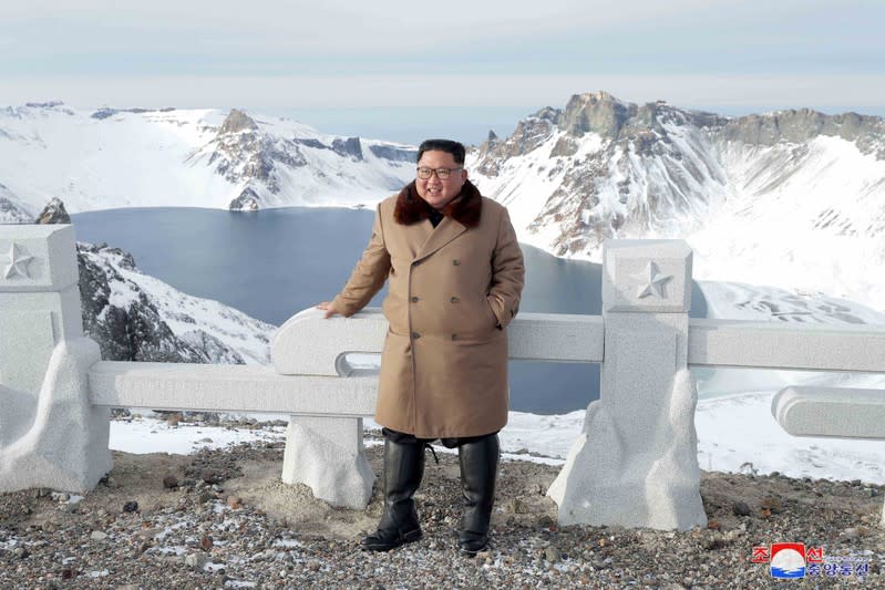 KCNA picture of North Korean leader Kim Jong Un visiting battle sites in areas of Mt Paektu