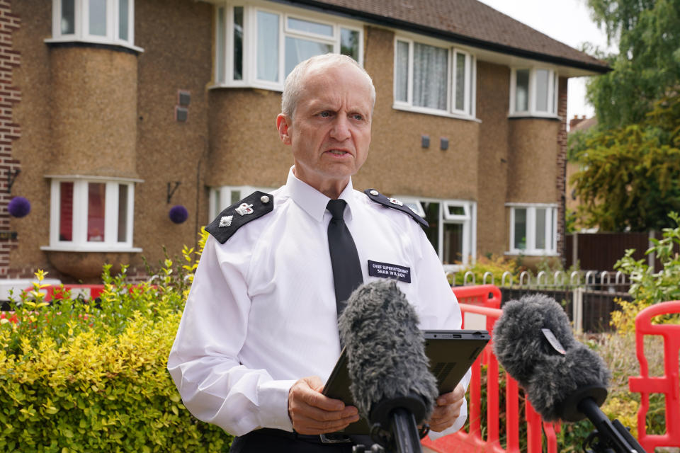 Chief Superintendent Sean Wilson gives a statement to the media at the scene in Bedfont, Hounslow where a three-year-old boy and a girl, 11, are among four people who have been found dead in a flat in west London. Picture date: Saturday June 17, 2023. (Photo by Lucy North/PA Images via Getty Images)