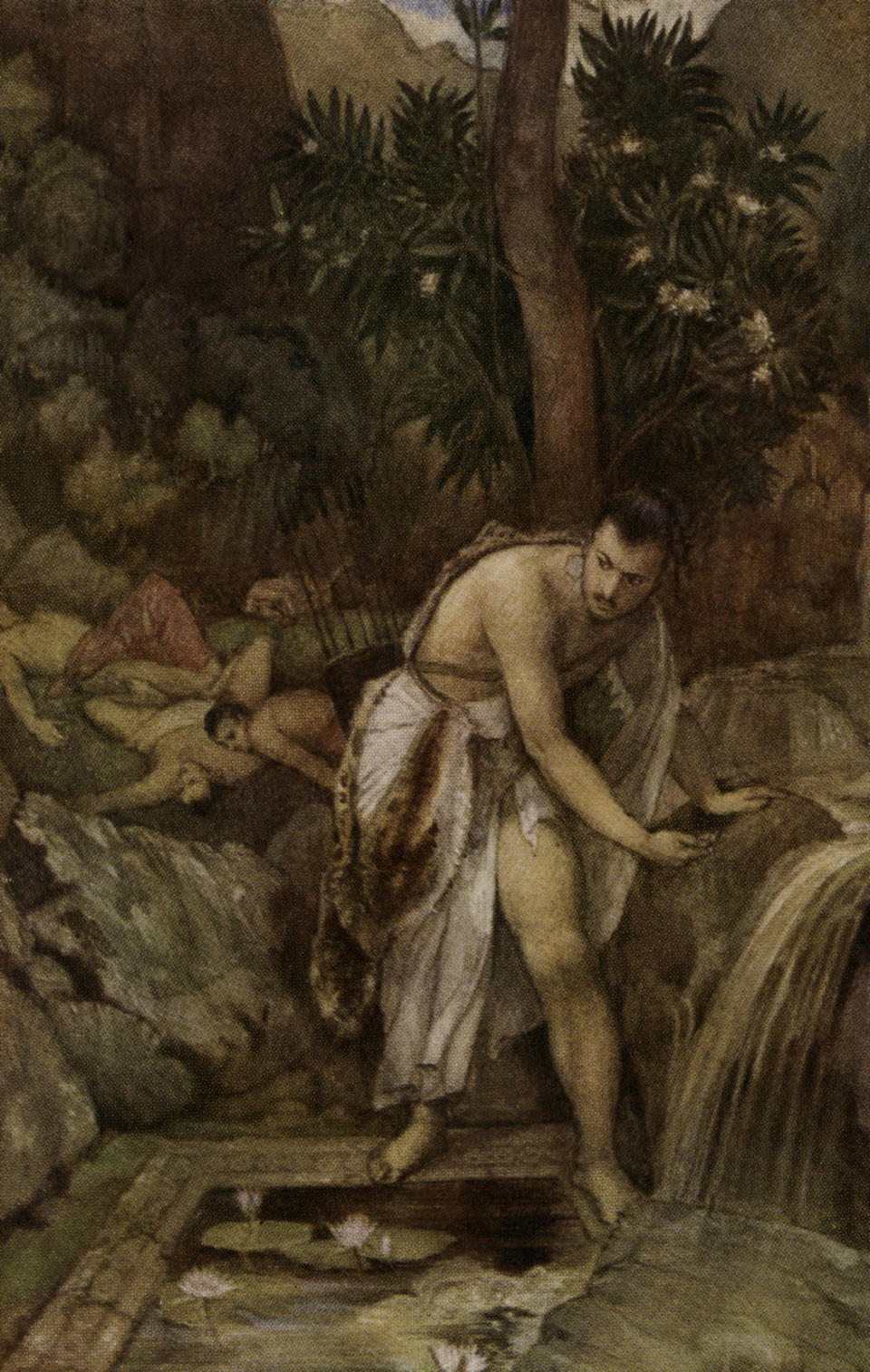 Nakula at the poisoned lake. Illustration from the early 20th century. Nakula, a legendary warrior in Hindu myth, supposedly followed Sahadeva to a lake, where he discovered Sahadeva dead. In the lake a crane, named Baka, warned Nakula that drinking from the water without first answering his riddle would lead to death. Nakula ignored the crane, drank, and also died.  (Photo by Culture Club/Getty Images) *** Local Caption ***